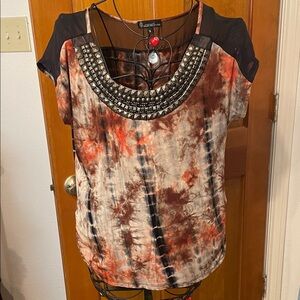 🥦🥦🥦BOGOHO 🥦Sig. Studio Black and Brown Tie-Dye Blouse with Beaded Neckline-Small